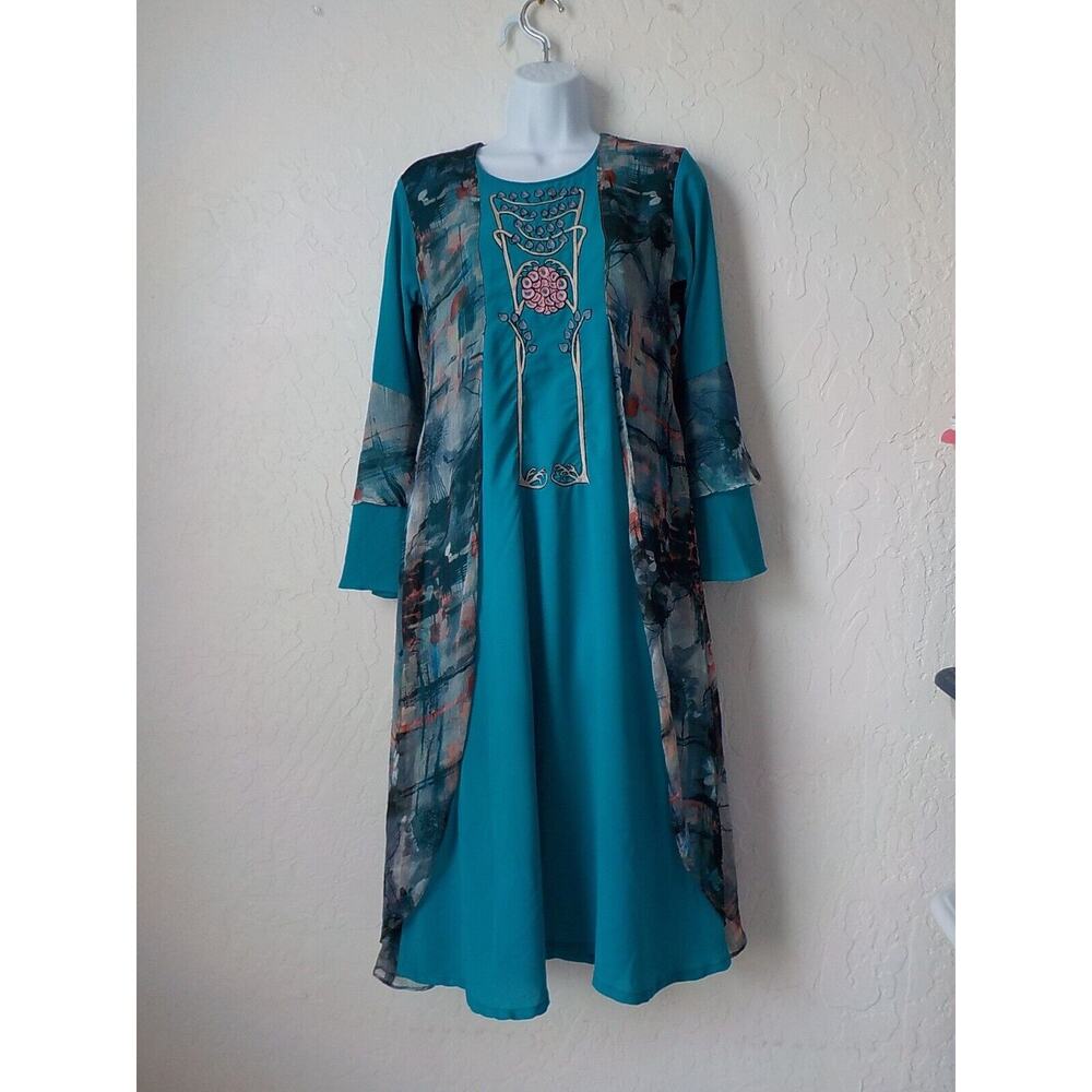 Blue Midi Tunic Dress Layers Women 38 (Large) Ruffles Sleeve Bohemian Fairy VTG